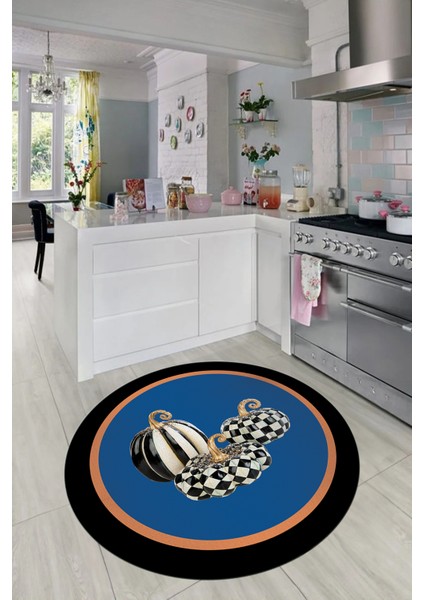 Dijital Baskılı Kaymaz Yıkanabilir Bal Kabağı Desenli Yuvarlak Mutfak Halısı, Y-Mutfak-13-Mavi, indirimleri
