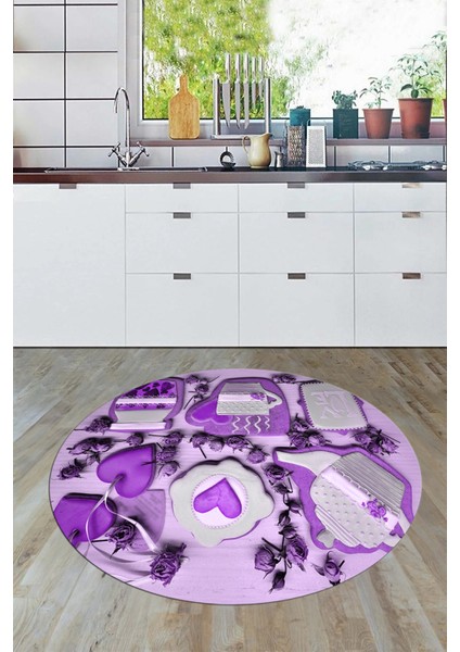 3D Kalp Fincan Motifli Kaymaz Yıkanabilir Modern Yuvarlak Mutfak Halısı, Y-Mutfak-34-Mor, indirimleri