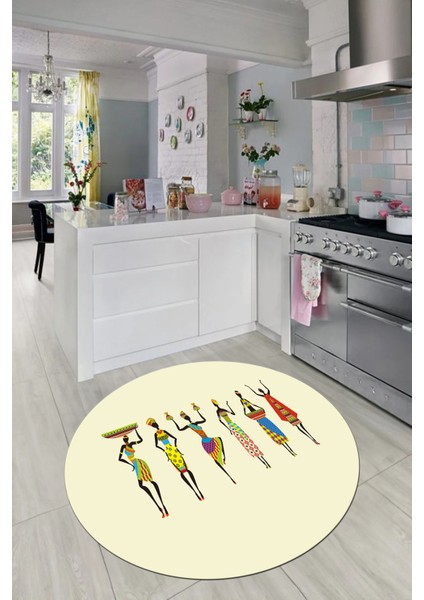 Etnik Motifli Modern Kaymaz Taban Yıkanabilir Yuvarlak Mutfak Halısı, Y-Mutfak-40-Renkli,