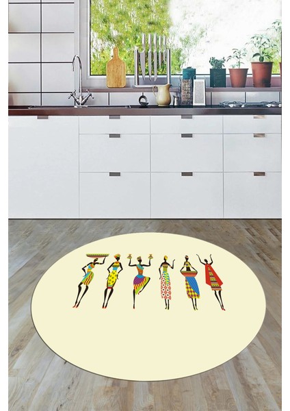 Etnik Motifli Modern Kaymaz Taban Yıkanabilir Yuvarlak Mutfak Halısı, Y-Mutfak-40-Renkli,