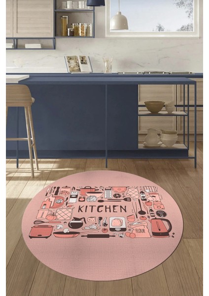 Dijital Baskılı Kaymaz Taban Yıkanabilir Modern Yuvarlak Mutfak Halısı, Y-Mutfak-17-Pembe,