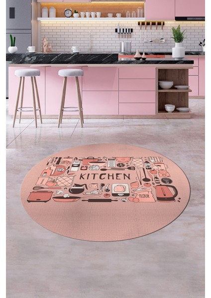 Dijital Baskılı Kaymaz Taban Yıkanabilir Modern Yuvarlak Mutfak Halısı, Y-Mutfak-17-Pembe,