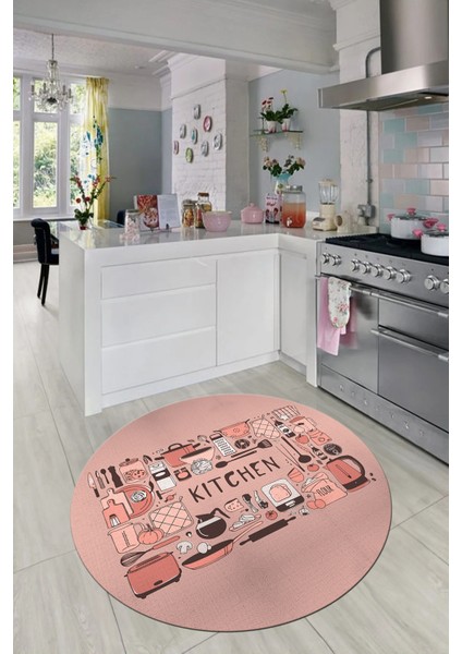 Dijital Baskılı Kaymaz Taban Yıkanabilir Modern Yuvarlak Mutfak Halısı, Y-Mutfak-17-Pembe,