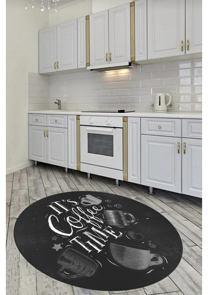 Coffee Yazılı Renkli Fincan Desenli Yıkanabilir Kaymaz Yuvarlak Mutfak Halısı, Y-Mutfak-44-Gri,