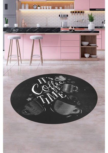 Coffee Yazılı Renkli Fincan Desenli Yıkanabilir Kaymaz Yuvarlak Mutfak Halısı, Y-Mutfak-44-Gri, indirimleri