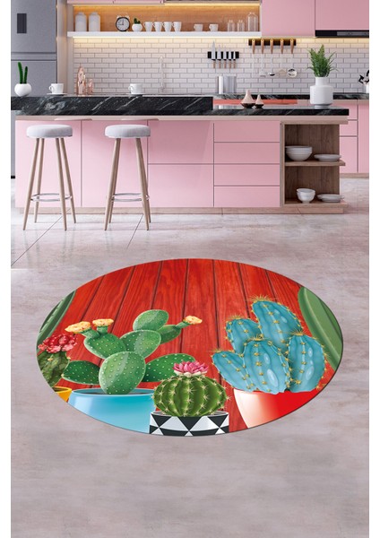 Dijital Baskılı Kaymaz Taban Kaktüslü Çiçekli Yuvarlak Mutfak Halısı, Y-Mutfak-24-Renkli,