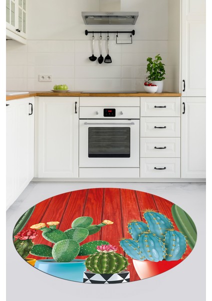 Dijital Baskılı Kaymaz Taban Kaktüslü Çiçekli Yuvarlak Mutfak Halısı, Y-Mutfak-24-Renkli, fiyatları