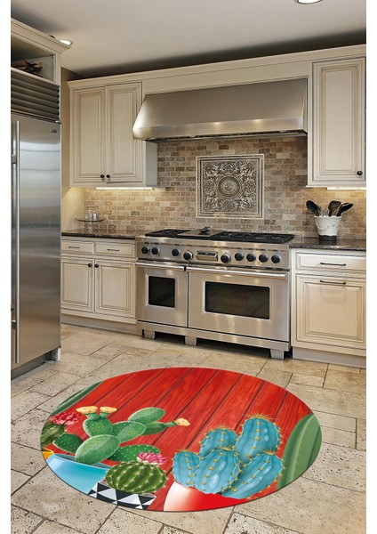 Dijital Baskılı Kaymaz Taban Kaktüslü Çiçekli Yuvarlak Mutfak Halısı, Y-Mutfak-24-Renkli, modelleri