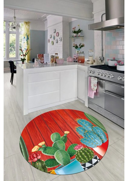 Dijital Baskılı Kaymaz Taban Kaktüslü Çiçekli Yuvarlak Mutfak Halısı, Y-Mutfak-24-Renkli, fırsatları