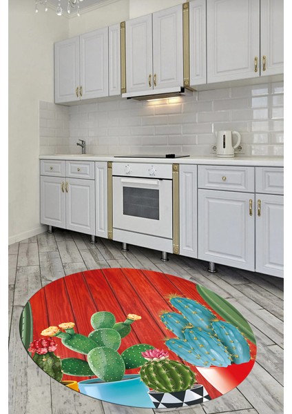Dijital Baskılı Kaymaz Taban Kaktüslü Çiçekli Yuvarlak Mutfak Halısı, Y-Mutfak-24-Renkli, indirimleri