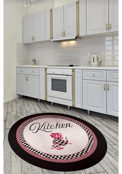 Dijital Kaymaz Taban Yıkanabilir Kitchen Yazılı Yuvarlak Mutfak Halısı, Y-Mutfak-48-Pembe,