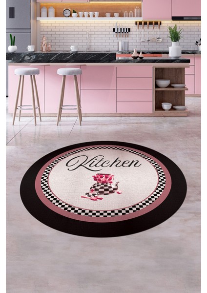 Dijital Kaymaz Taban Yıkanabilir Kitchen Yazılı Yuvarlak Mutfak Halısı, Y-Mutfak-48-Pembe, indirimleri