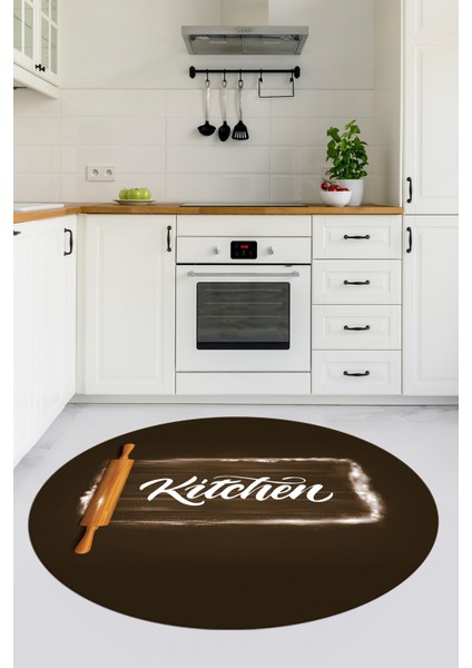 Kitchen Yazılı Merdane Desenli Yıkanabilir Yuvarlak Mutfak Halısı, Y-Mutfak-28-Kahve,