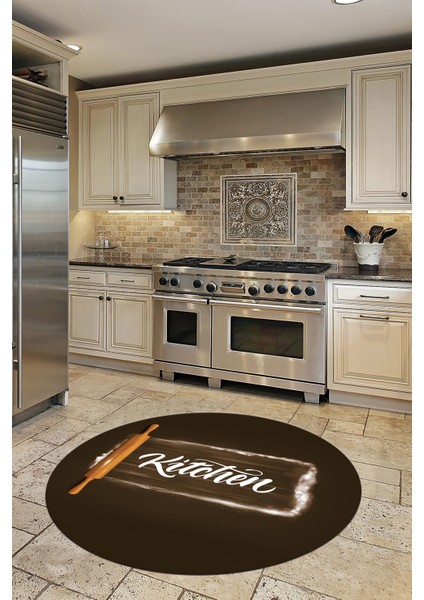 Kitchen Yazılı Merdane Desenli Yıkanabilir Yuvarlak Mutfak Halısı, Y-Mutfak-28-Kahve, fiyatları