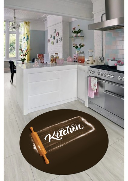 Kitchen Yazılı Merdane Desenli Yıkanabilir Yuvarlak Mutfak Halısı, Y-Mutfak-28-Kahve, modelleri