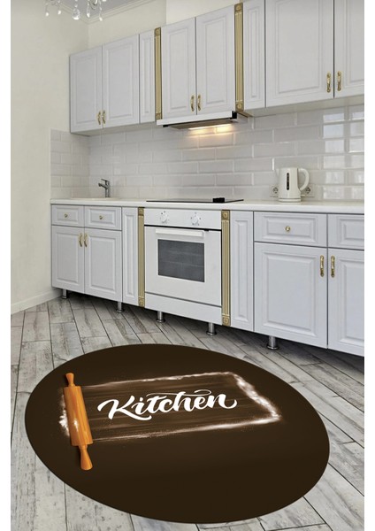 Kitchen Yazılı Merdane Desenli Yıkanabilir Yuvarlak Mutfak Halısı, Y-Mutfak-28-Kahve, fırsatları
