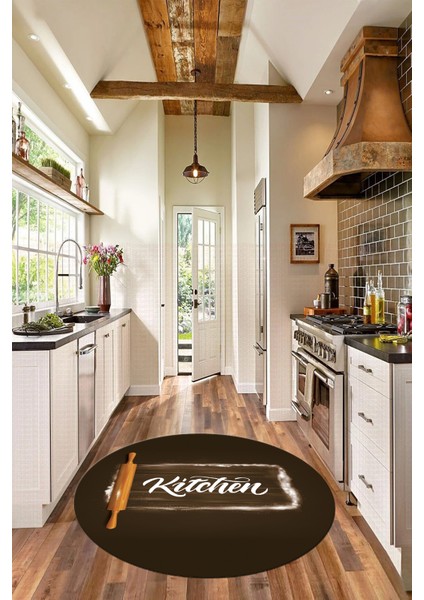 Kitchen Yazılı Merdane Desenli Yıkanabilir Yuvarlak Mutfak Halısı, Y-Mutfak-28-Kahve, indirimleri