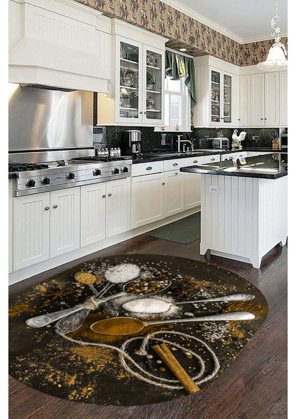 Dijital Baskılı Kaymaz Taban Kaşık Baharat Desenli Oval Mutfak Halısı, O-Mutfak-19-Kahve,