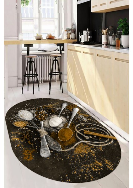 Dijital Baskılı Kaymaz Taban Kaşık Baharat Desenli Oval Mutfak Halısı, O-Mutfak-19-Kahve, fiyatları