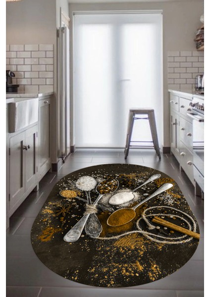 Dijital Baskılı Kaymaz Taban Kaşık Baharat Desenli Oval Mutfak Halısı, O-Mutfak-19-Kahve, modelleri