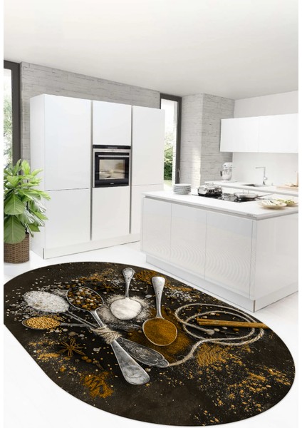 Dijital Baskılı Kaymaz Taban Kaşık Baharat Desenli Oval Mutfak Halısı, O-Mutfak-19-Kahve, fırsatları