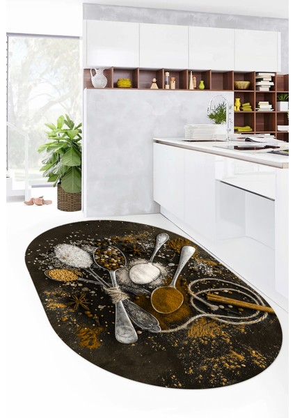 Dijital Baskılı Kaymaz Taban Kaşık Baharat Desenli Oval Mutfak Halısı, O-Mutfak-19-Kahve, indirimleri