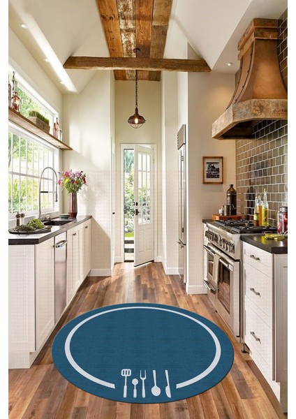 Dijital Baskılı Kaymaz Yıkanabilir Sade Çerçeveli Yuvarlak Mutfak Halısı, Y-Mutfak-06-Mavi,