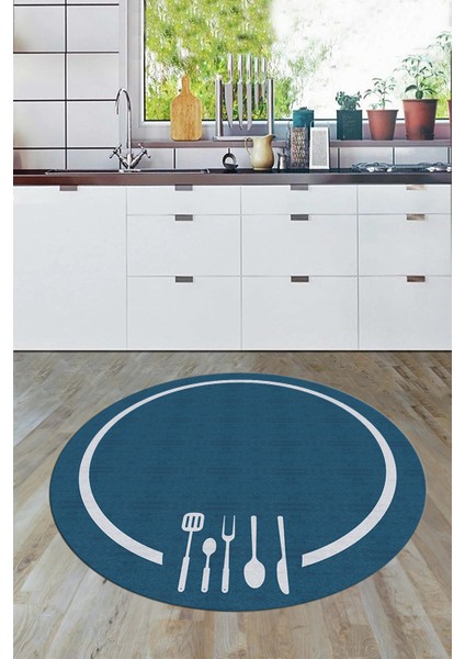 Dijital Baskılı Kaymaz Yıkanabilir Sade Çerçeveli Yuvarlak Mutfak Halısı, Y-Mutfak-06-Mavi, fiyatları