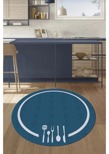 Dijital Baskılı Kaymaz Yıkanabilir Sade Çerçeveli Yuvarlak Mutfak Halısı, Y-Mutfak-06-Mavi, modelleri
