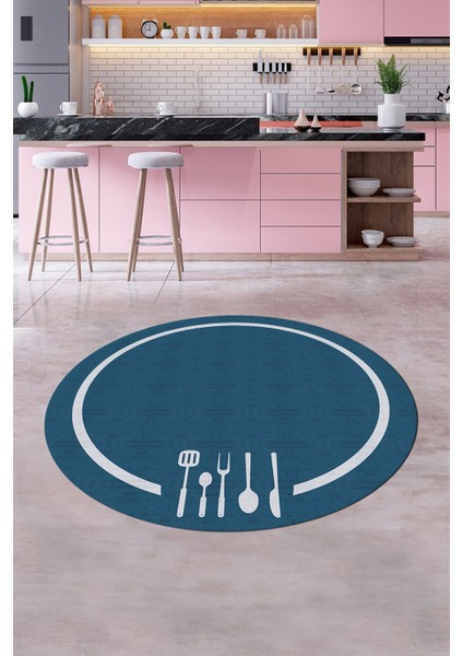 Dijital Baskılı Kaymaz Yıkanabilir Sade Çerçeveli Yuvarlak Mutfak Halısı, Y-Mutfak-06-Mavi, fırsatları