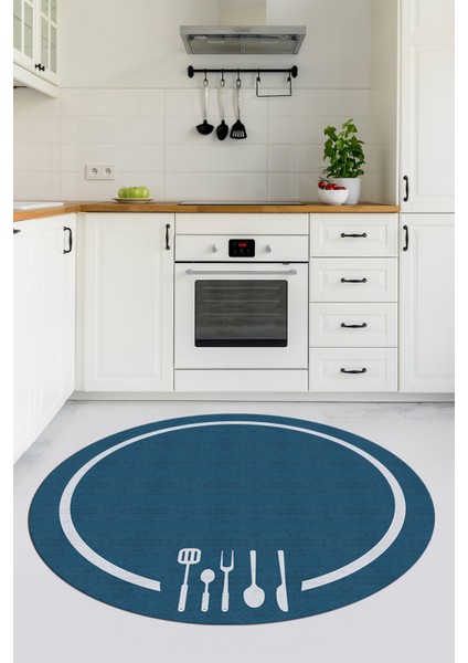 Dijital Baskılı Kaymaz Yıkanabilir Sade Çerçeveli Yuvarlak Mutfak Halısı, Y-Mutfak-06-Mavi, indirimleri