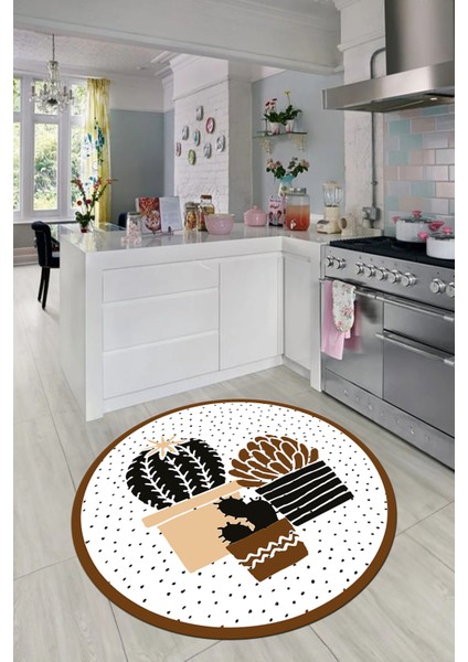 Dijital Baskılı Kaymaz Taban Yıkanabilir Kaktüs Desenli Yuvarlak Mutfak Halısı, Y-Mutfak-38-Kahve,