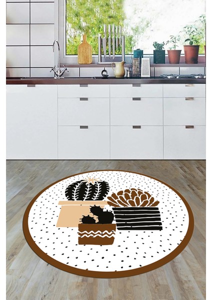Dijital Baskılı Kaymaz Taban Yıkanabilir Kaktüs Desenli Yuvarlak Mutfak Halısı, Y-Mutfak-38-Kahve, fırsatları