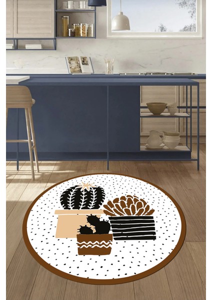 Dijital Baskılı Kaymaz Taban Yıkanabilir Kaktüs Desenli Yuvarlak Mutfak Halısı, Y-Mutfak-38-Kahve, indirimleri