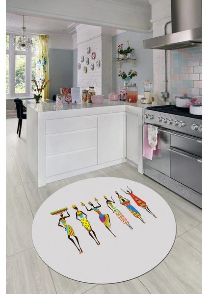Etnik Motifli Modern Kaymaz Taban Yıkanabilir Yuvarlak Mutfak Halısı, Y-Mutfak-40-Gri,