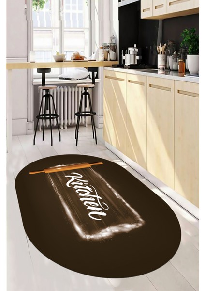 Kitchen Yazılı Merdane Desenli Yıkanabilir Oval Mutfak Halısı, O-Mutfak-28-Kahve,