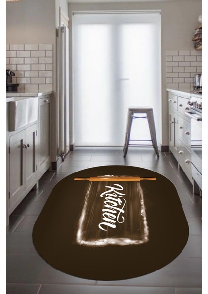 Kitchen Yazılı Merdane Desenli Yıkanabilir Oval Mutfak Halısı, O-Mutfak-28-Kahve, fiyatları