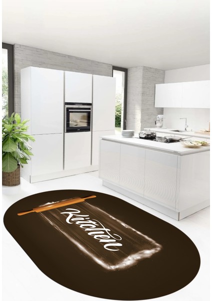 Kitchen Yazılı Merdane Desenli Yıkanabilir Oval Mutfak Halısı, O-Mutfak-28-Kahve, modelleri