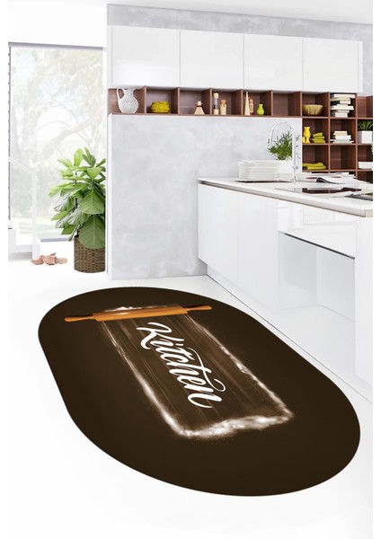 Kitchen Yazılı Merdane Desenli Yıkanabilir Oval Mutfak Halısı, O-Mutfak-28-Kahve, fırsatları