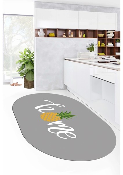 Home Yazılı Ananas Desenli Yıkanabilir Kaymaz Oval Mutfak Halısı, O-Mutfak-31-Gri,