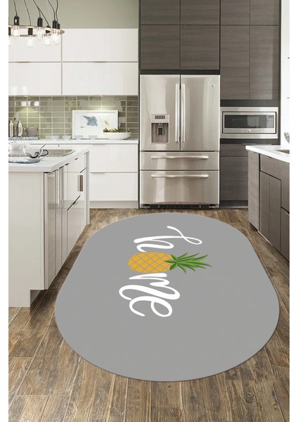 Home Yazılı Ananas Desenli Yıkanabilir Kaymaz Oval Mutfak Halısı, O-Mutfak-31-Gri,