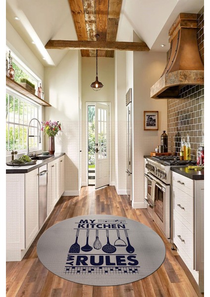 Kitchen Rules Yazılı Kaşık Desen Yıkanabilir Yuvarlak Mutfak Halısı, Y-Mutfak-47-Lacivert, fiyatları