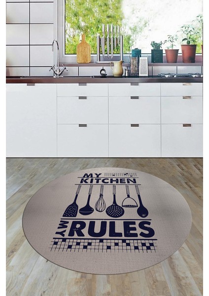 Kitchen Rules Yazılı Kaşık Desen Yıkanabilir Yuvarlak Mutfak Halısı, Y-Mutfak-47-Lacivert, modelleri