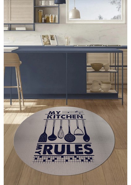 Kitchen Rules Yazılı Kaşık Desen Yıkanabilir Yuvarlak Mutfak Halısı, Y-Mutfak-47-Lacivert, fırsatları