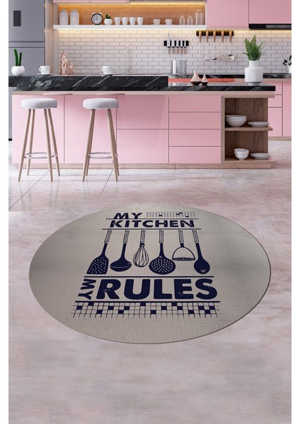Kitchen Rules Yazılı Kaşık Desen Yıkanabilir Yuvarlak Mutfak Halısı, Y-Mutfak-47-Lacivert, indirimleri
