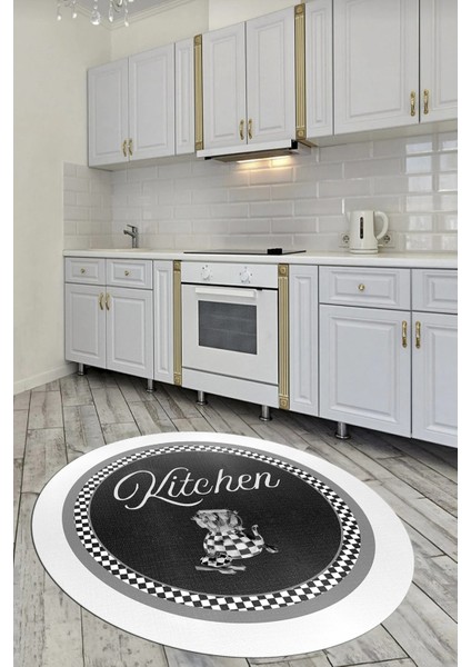 Dijital Kaymaz Taban Yıkanabilir Kitchen Yazılı Yuvarlak Mutfak Halısı, Y-Mutfak-48-Antrasit,