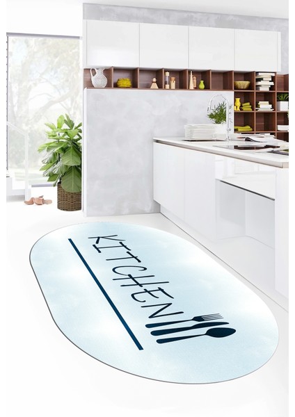 Kitchen Yazılı Kaşık Çatal Bıçak Desenli Yıkanabilir Oval Mutfak Halısı, O-Mutfak-49-Mavi,