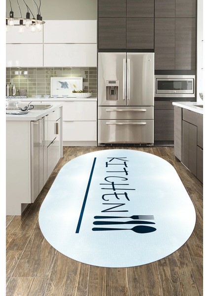 Kitchen Yazılı Kaşık Çatal Bıçak Desenli Yıkanabilir Oval Mutfak Halısı, O-Mutfak-49-Mavi, modelleri