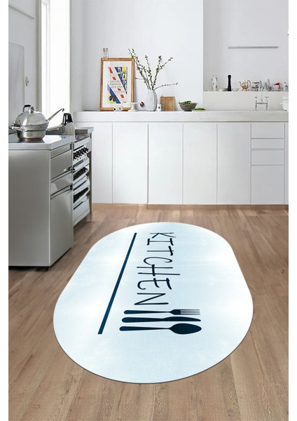 Kitchen Yazılı Kaşık Çatal Bıçak Desenli Yıkanabilir Oval Mutfak Halısı, O-Mutfak-49-Mavi, fırsatları