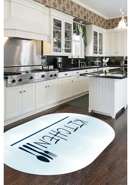 Kitchen Yazılı Kaşık Çatal Bıçak Desenli Yıkanabilir Oval Mutfak Halısı, O-Mutfak-49-Mavi, indirimleri